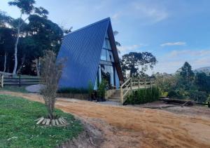 a house with a blue roof and a tree at Chalé Amorata in Ibirama