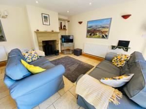 伊姆Hollow Brook Cottage Heart of the Peak District的带蓝色沙发和壁炉的客厅