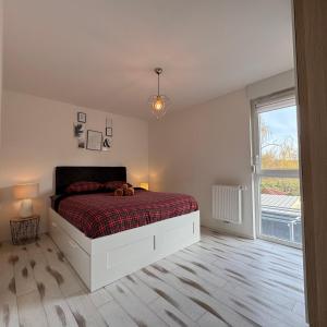 Les clos des Aviateurs في ستراسبورغ: غرفة نوم بها سرير ونافذة كبيرة