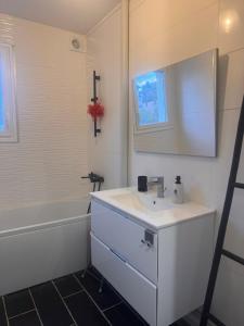 a bathroom with a sink and a mirror and a tub at La Maison du Routard in Évreux