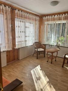 a living room with a table and chairs and windows at Заміський будинок кімната студія Pet - friendly in Mukacheve