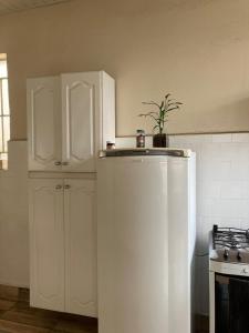 a kitchen with a white refrigerator and a plant on top at Casa Matias in Socorro