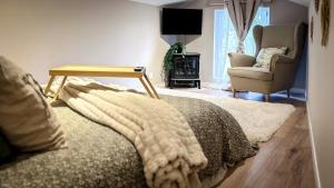 a living room with a bed and a chair at L'Amaryllis, suite romantique Jacuzzi et Parking in Cintegabelle