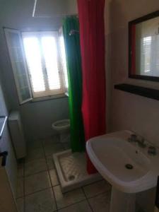 a bathroom with a green shower curtain and a sink at Camera doppia in affitto con bagno privato Interno in Marina di Montenero