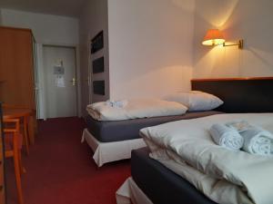 una habitación de hotel con dos camas y una mesa en Hotel an der Rennbahn, en Dresden