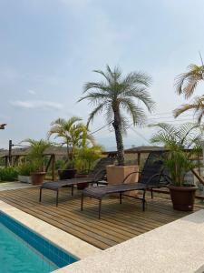 a deck with benches and palm trees next to a swimming pool at Casa Penedo Vista da Serra in Itatiaia