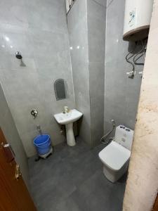 a small bathroom with a toilet and a sink at Meera Residency Vrindavan in Vrindāvan