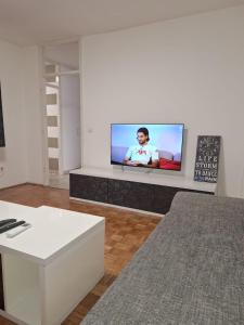 a living room with a flat screen tv on a wall at San centar apartment in Banja Luka