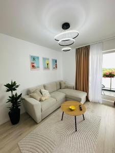 a living room with a couch and a table at Amber Central Residence in Baia Mare