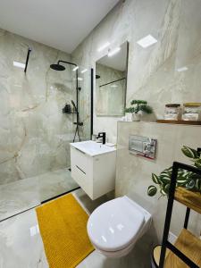 a bathroom with a toilet and a shower and a sink at Amber Central Residence in Baia Mare