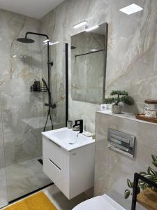 a bathroom with a white sink and a shower at Amber Central Residence in Baia Mare +14 photos