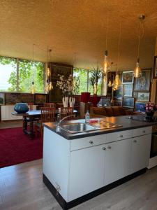 a kitchen with a sink and a living room at kunstig appartement in Poelkapelle