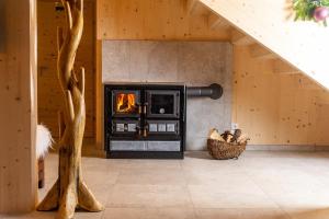 a living room with a fireplace in a house at Ferienhaus Blauer Vogel - kostenfreie Saunanutzung in Prägraten +23 photos