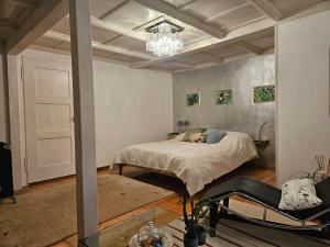 HuttwilSunnegg的卧室里有一张床和一把椅子