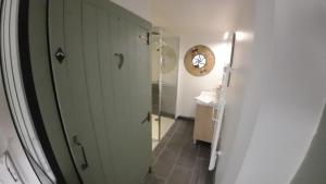 a bathroom with a green door and a shower at Loft industriel - hyper centre cambrai in Cambrai