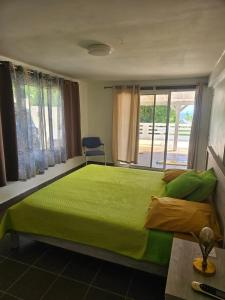 サンタンヌにあるAppartement spacieux avec vue sur mer à Sainte-Anneの窓付きの客室で、大きな緑色のベッド1台が備わります。