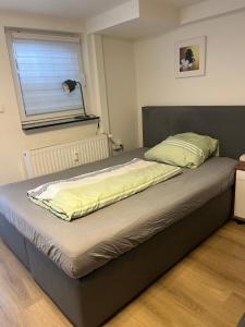 a large bed in a room with a window at Souterrain-Apartment in Nürnberg