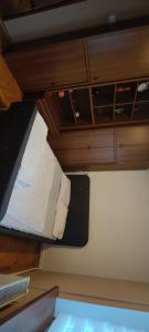 克拉约瓦Apartament Botanica的一张小床,位于一个配有木橱柜的房间