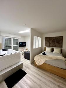 ein Schlafzimmer mit großem Bett und Badewanne in der Unterkunft Appartement avec jacuzzi proche du centre in Straßburg