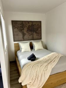 ein Schlafzimmer mit einem Bett mit einer Karte an der Wand in der Unterkunft Appartement avec jacuzzi proche du centre in Straßburg