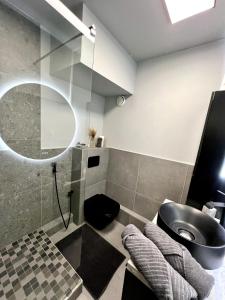 ein Badezimmer mit Waschbecken, Toilette und Spiegel in der Unterkunft Appartement avec jacuzzi proche du centre in Straßburg + 6 Fotos