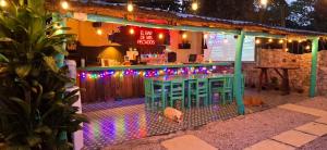 a bar with blue stools in front of a bar at Kulu Tubohostel Bacalar in Bacalar