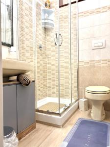 a bathroom with a shower and a toilet and a sink at Stefy's House in Scalea