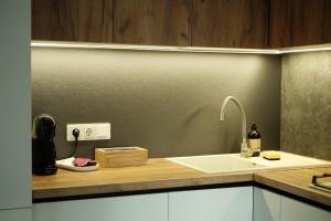 a kitchen with a sink and a counter top at Central City Vibes Apartment in Chişinău