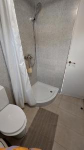 a bathroom with a shower with a toilet and a shower curtain at small house "Urgas" by the sea with 6 beds in Plieņciems +43 photos