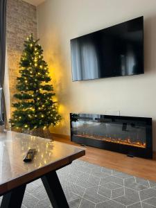 a christmas tree in a living room with a fireplace at Apartamento Blascondo in Broto