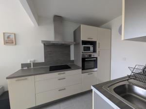 a kitchen with white cabinets and a stainless steel sink at Charmant T2 150 m de la cure thermale Gorges Du Verdon in Gréoux-les-Bains