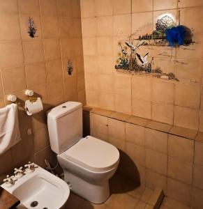 Un baño con un inodoro blanco y un lavabo. en Chalet con puerta al arroyo, en Villa General Belgrano
