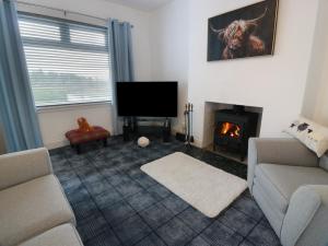 a living room with a television and a fireplace at Marchdyke Farm Cottage in Lockerbie