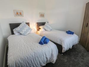 two beds in a room with blue pillows on them at Marchdyke Farm Cottage in Lockerbie
