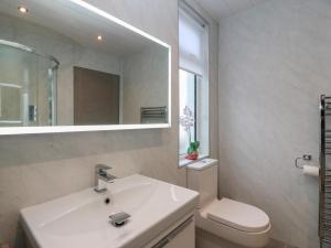 a bathroom with a sink and a toilet and a mirror at Marchdyke Farm Cottage in Lockerbie +19 photos