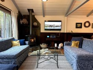 a living room with two blue couches and a tv at Sal's Beach Cottage Retreat in Fort Bragg