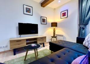 a living room with a blue couch and a flat screen tv at Gîte Ponpon - Les Petites Écuries in Marseillette