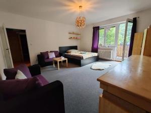 Star Apartments Brno #B22 by Starbnb EU في برنو: غرفة معيشة بها أريكة وسرير