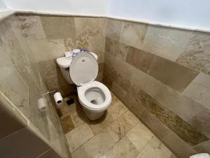 Un baño con inodoro y una pared de azulejos. en Condo 1bdr 1bth with garden, en Punta Cana