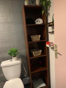 a bathroom with a toilet with a plant on a shelf at Suite Bohème avec Jacuzzi in Sahoué