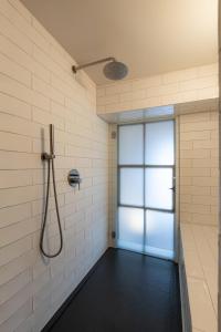 a bathroom with a shower and a door at Loft - Zur alten Schule in Essingen in Essingen