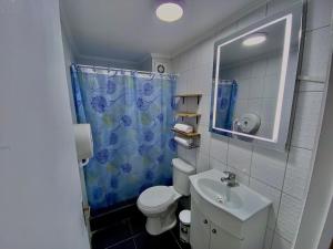 a bathroom with a toilet and a sink and a shower at Hotel Khantati SPA in Iquique