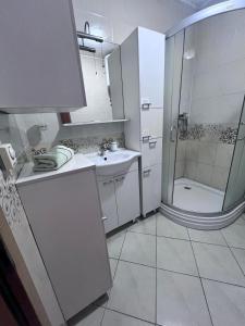 a white kitchen with a shower and a sink at Adrialana in Porozina +20 photos