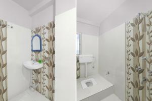 two views of a bathroom with a sink and a toilet at SPOT ON Hotel Parvati Resort in Suitha
