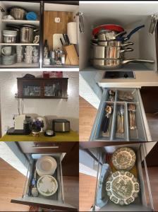 美因河畔法兰克福Shumiland in Frankfurt near Messe, Airport的一张由四张厨房台面、锅碗瓢盆照片组成的拼贴画