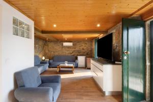 ein Wohnzimmer mit Sofa und Fernseher in der Unterkunft Quintinha De Pinouco in Miomães