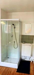 a shower with a glass door in a bathroom at Maison partagée 4 chambres Saint Roch Roubaix in Roubaix +6 photos