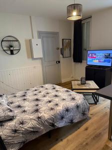 una camera da letto con un letto, un tavolo e una TV di Laurema's BnB a Tolosa