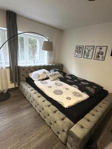 济泽罗河畔帕塞基Horský apartmán Dolní Rokytnice的卧室内的一张大床,配有沙发