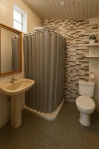 a bathroom with a shower and a toilet and a sink at Pousada Morada Coqueiros in Florianópolis